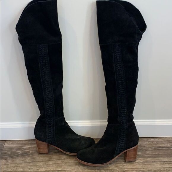 Round Toe Black Suede Over the Knee Boot - Picture 2 of 6